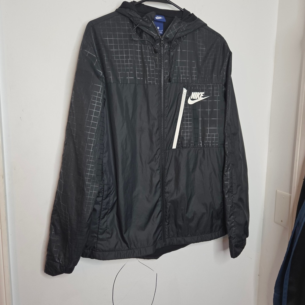 Nike Mens Windbreaker Jacket Black Grid Pattern Hooded Full Zip Mesh Lined M